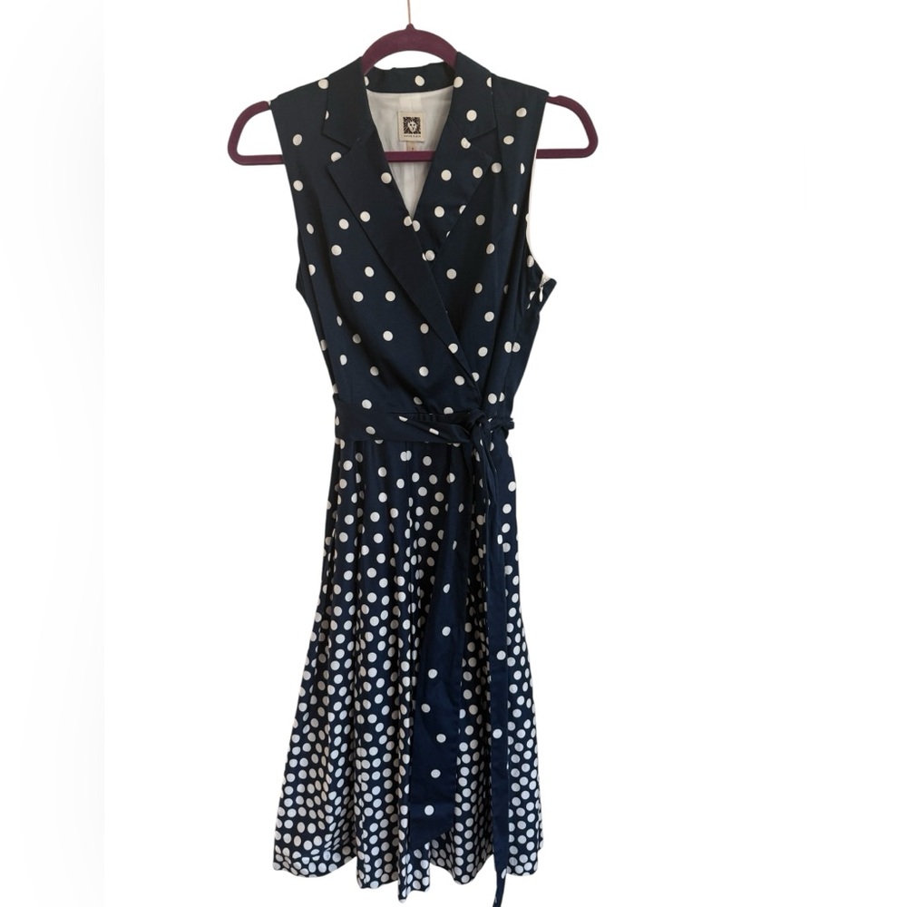Anne Klein Polka Dot Dress 6 Navy White Sleeveless Faux Wrap Fit Flare Belt - Picture 4 of 8